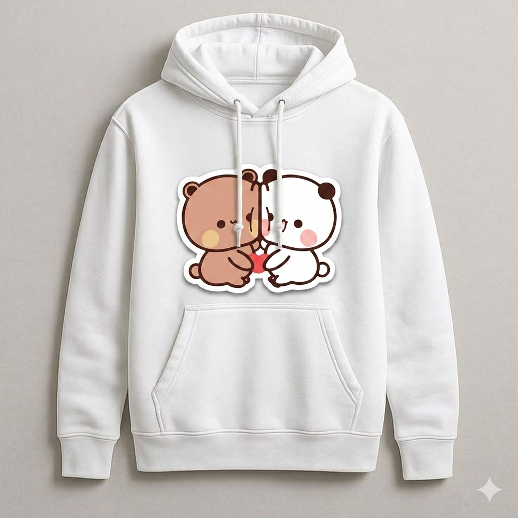 White hoodie with cartoon bear and panda design on a gray background