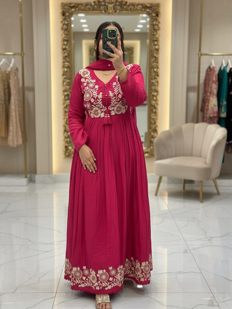 Embroidered Cotton Anarkali Kurti Pant Set with Dupatta