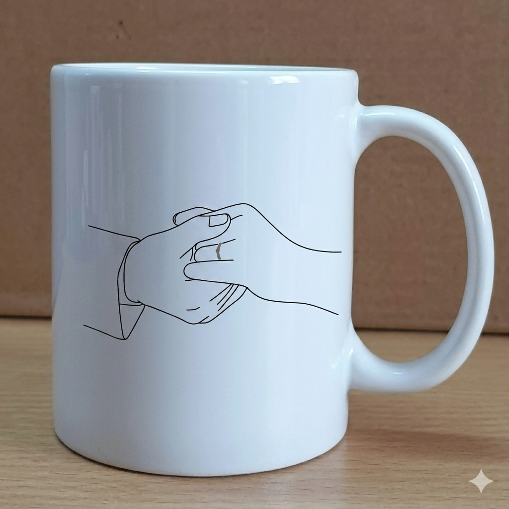 White mug with a line drawing of two hands holding each other on a wooden surface.