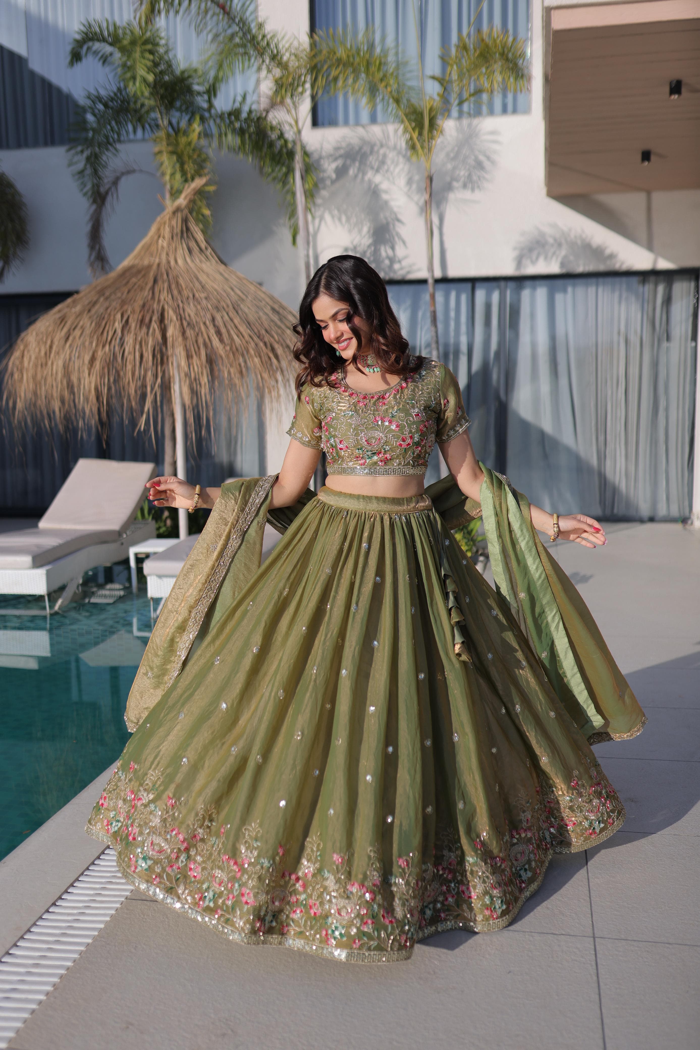 Multi Thread Embroidered Fendi Silk Lehenga Choli Set