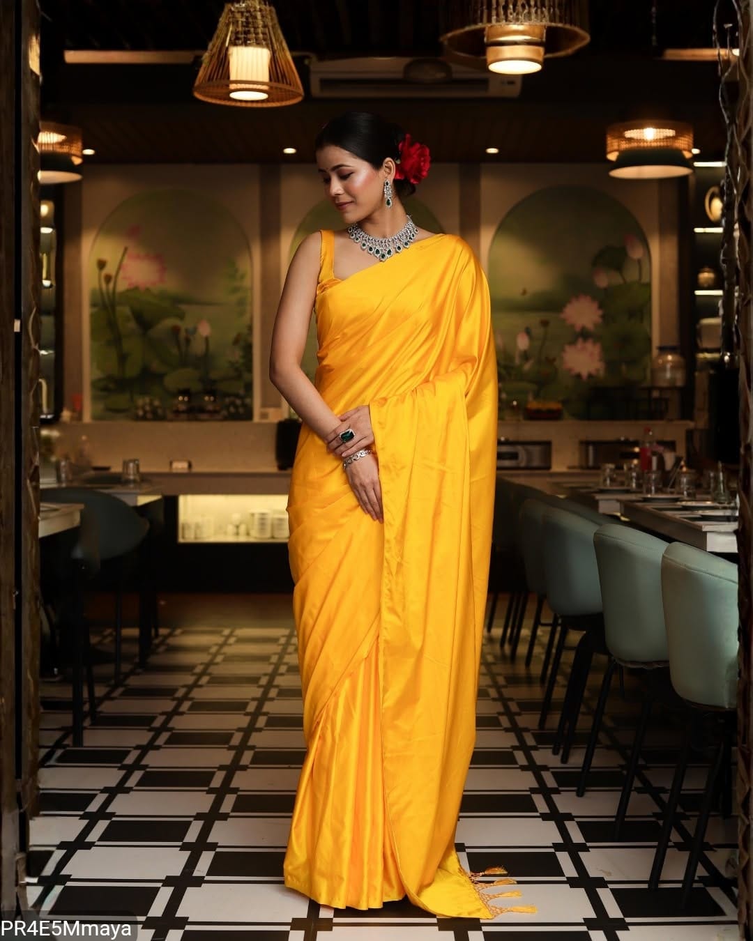 Golden Crepe Satin Silk Saree with Jhalar Border