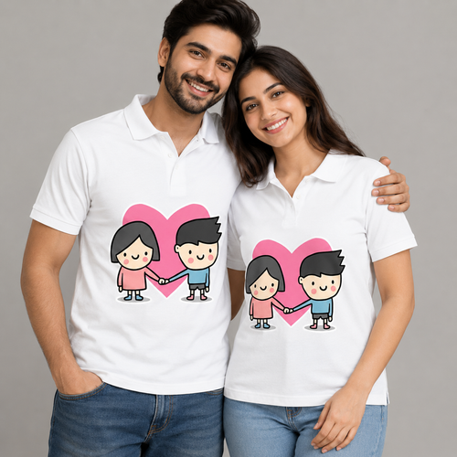 Man and woman wearing matching white polos with cartoon characters and a heart design on a gray background