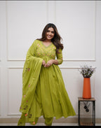 Embroidered Cotton Kurta Pant Set with Printed Cotton Malmal Dupatta