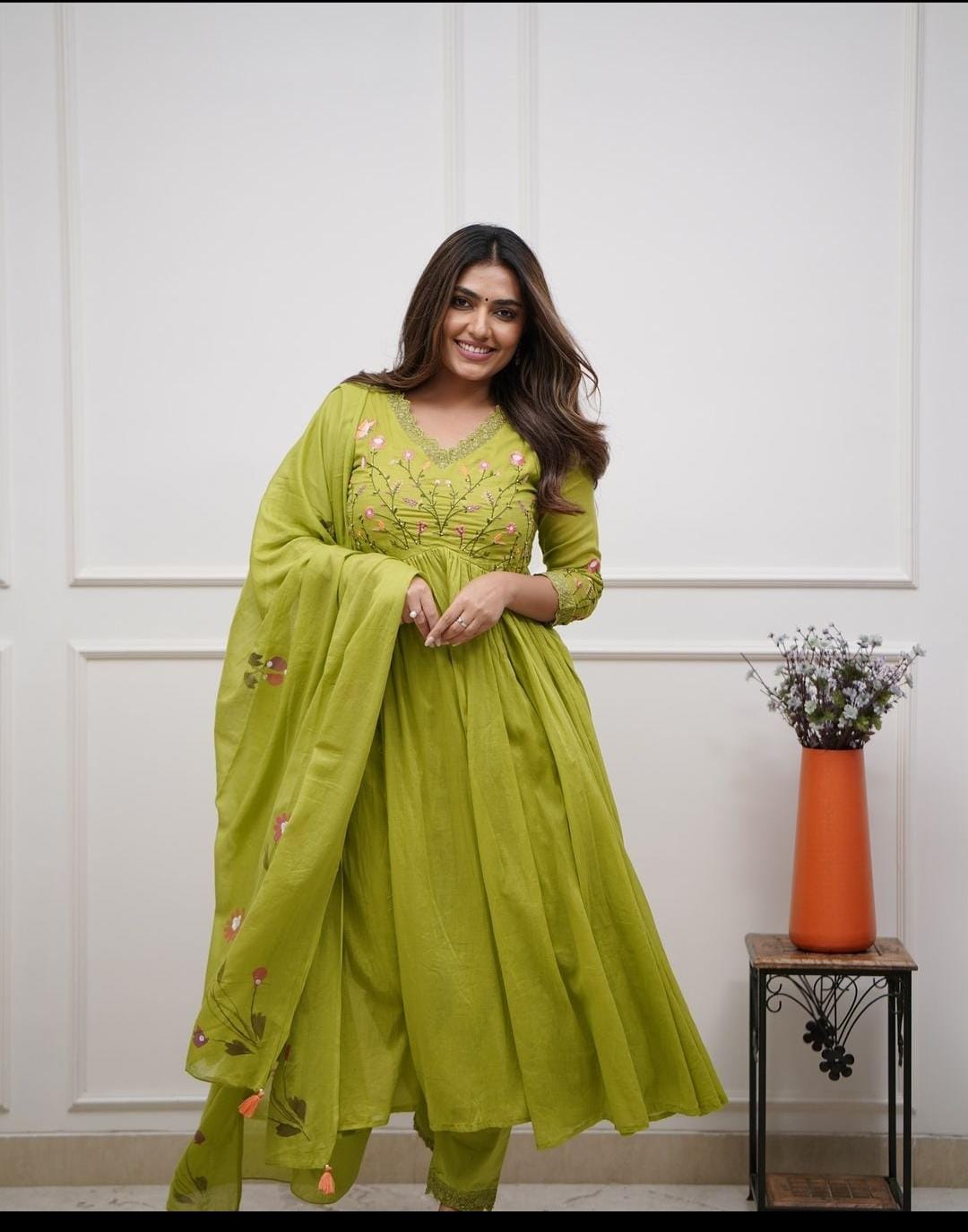 Embroidered Cotton Kurta Pant Set with Printed Cotton Malmal Dupatta