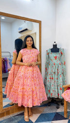 Floral Print Chanderi Cotton Maxi Dress for Women