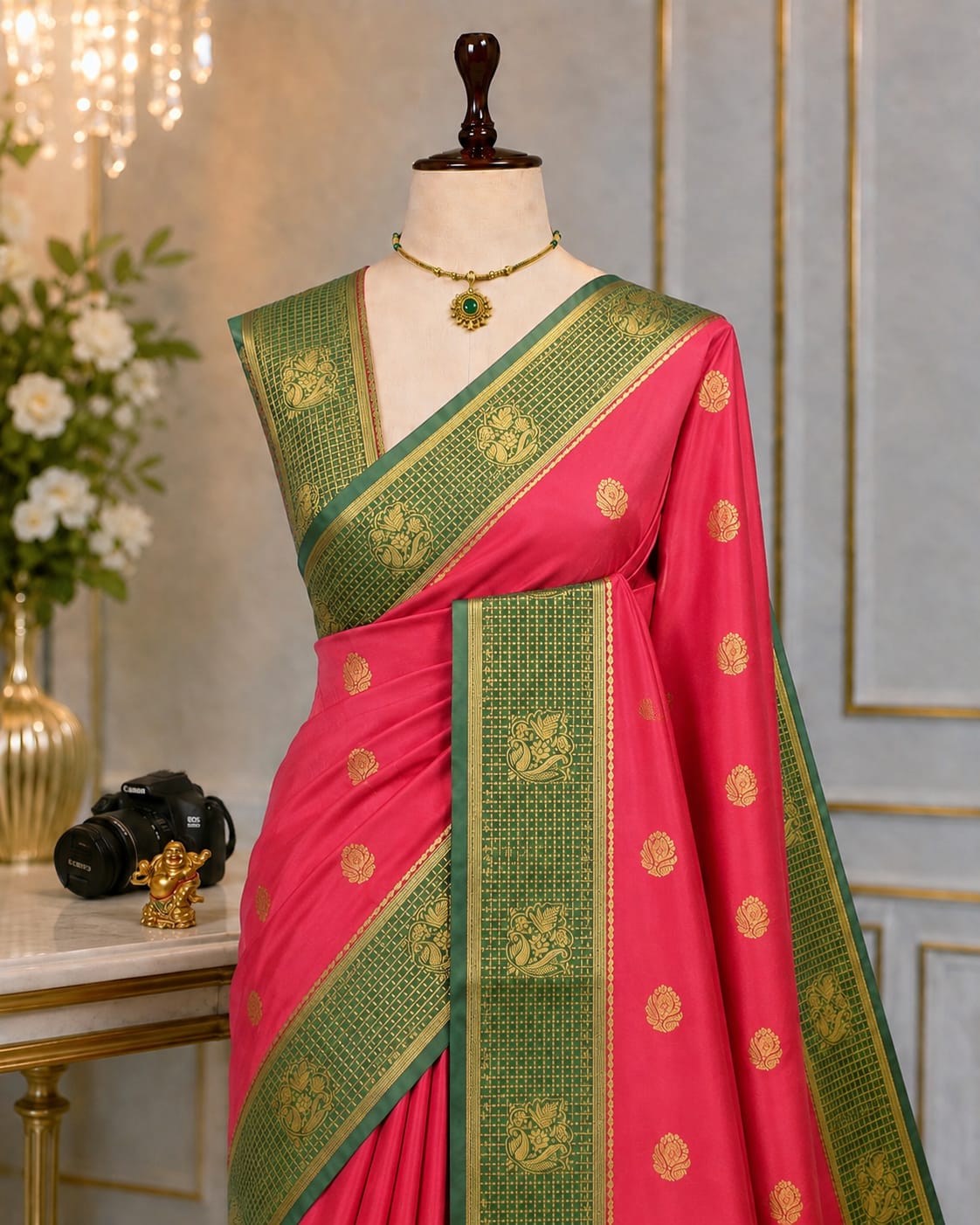 Fusion Korvai Soft Silk Saree with Golden Zari Buttas & Contrast Border