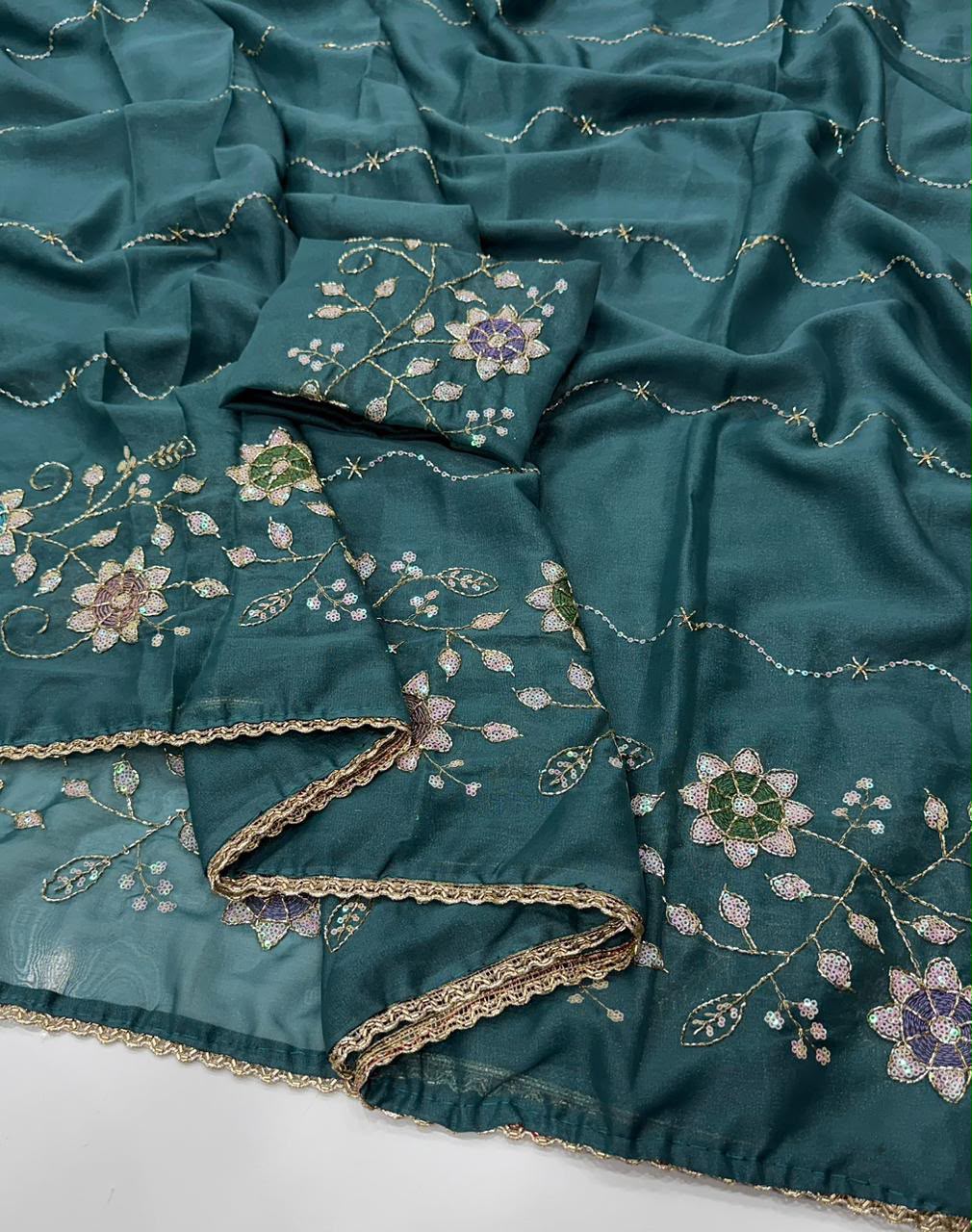 Designer Saree with Heavy Work Blouse & Lace Border
