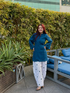 Teal Blue Embroidered Kurti with Off-White Farshi Salwar Set