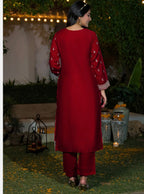 Embroidered Vichitra Silk Kurti Pant Set with Dupatta