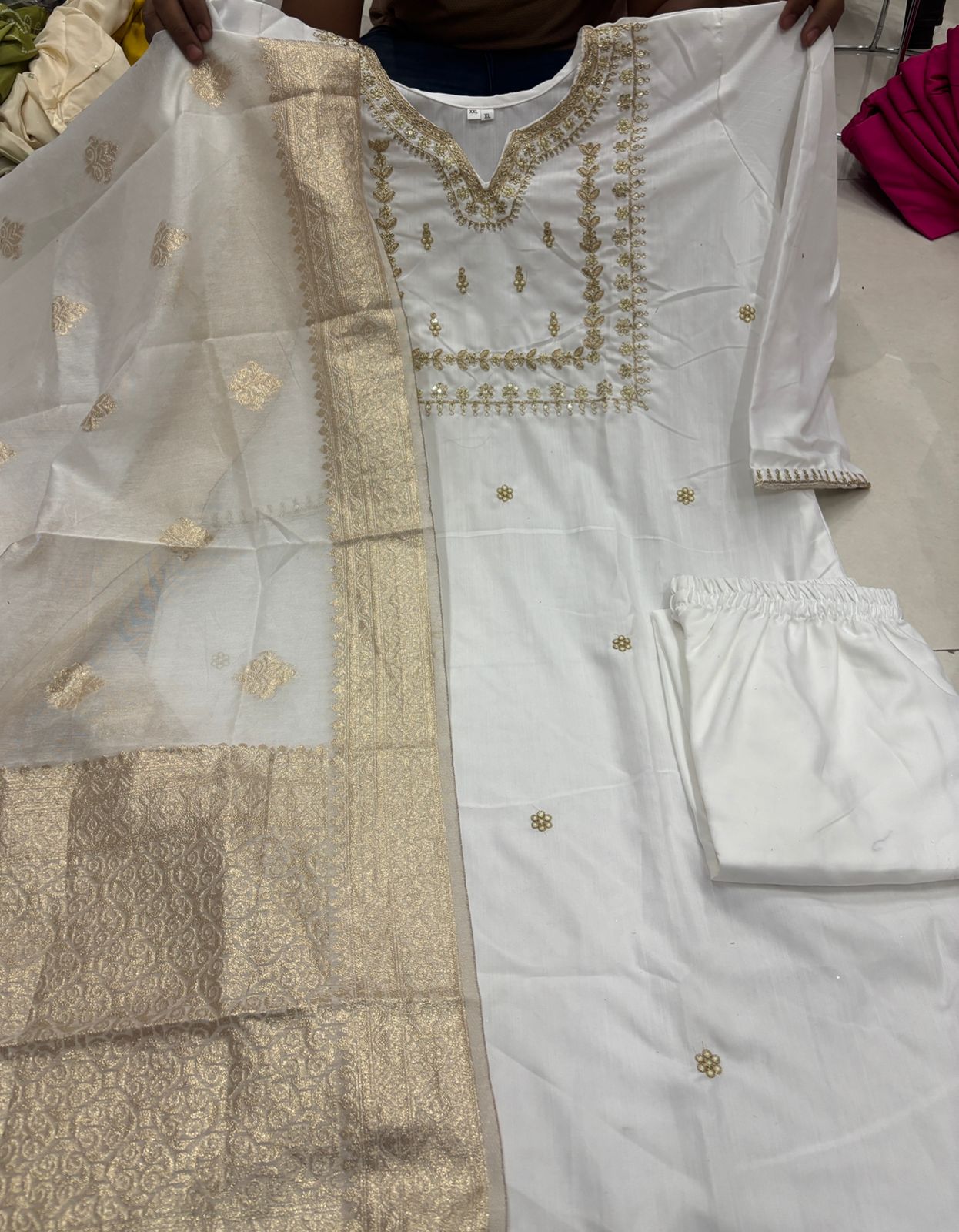 Embroidered Cotton Silk Kurta Set with Banarasi Dupatta
