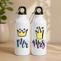 Two white water bottles with 'Mr' and 'Mrs' designs on a wooden surface.