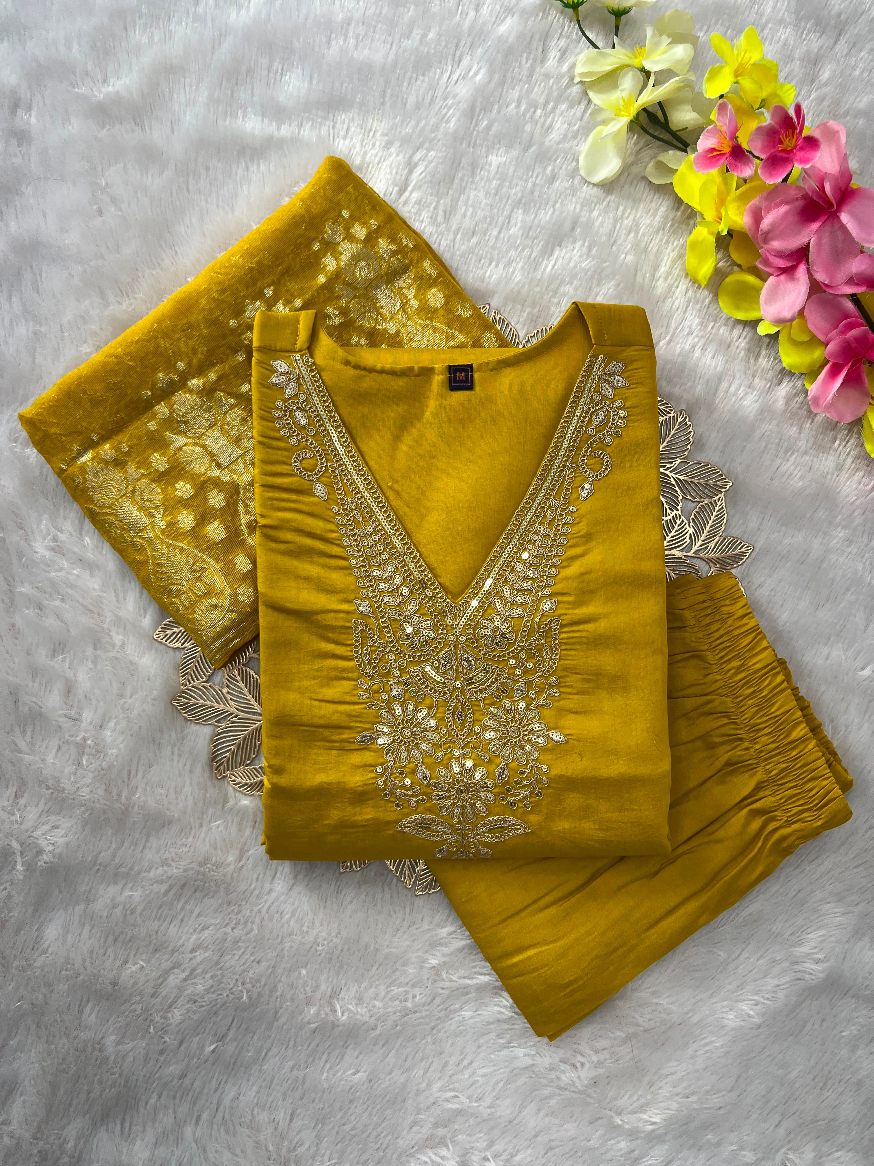 Embroidered Roman Silk Kurti Pant Set with Cotton Silk Dupatta