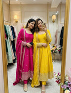 Embroidered Chinon Silk Gown Pant Set with Dupatta