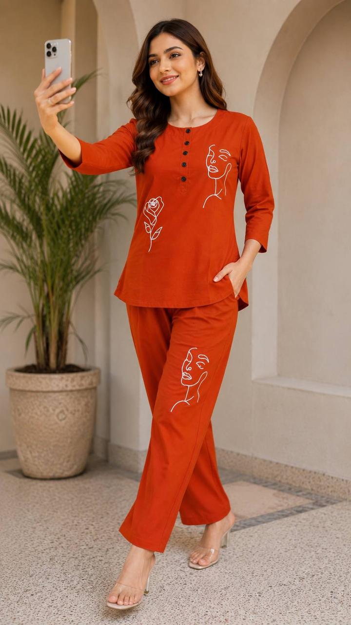 Rayon Slub Embroidered Top & Pant Co-Ord Set