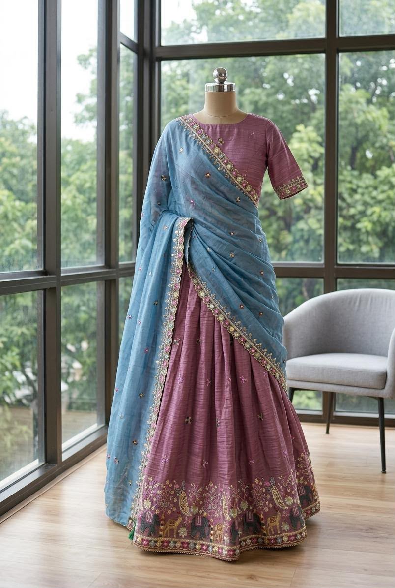 Designer Space Silk Embroidered Lehenga Choli with Dupatta