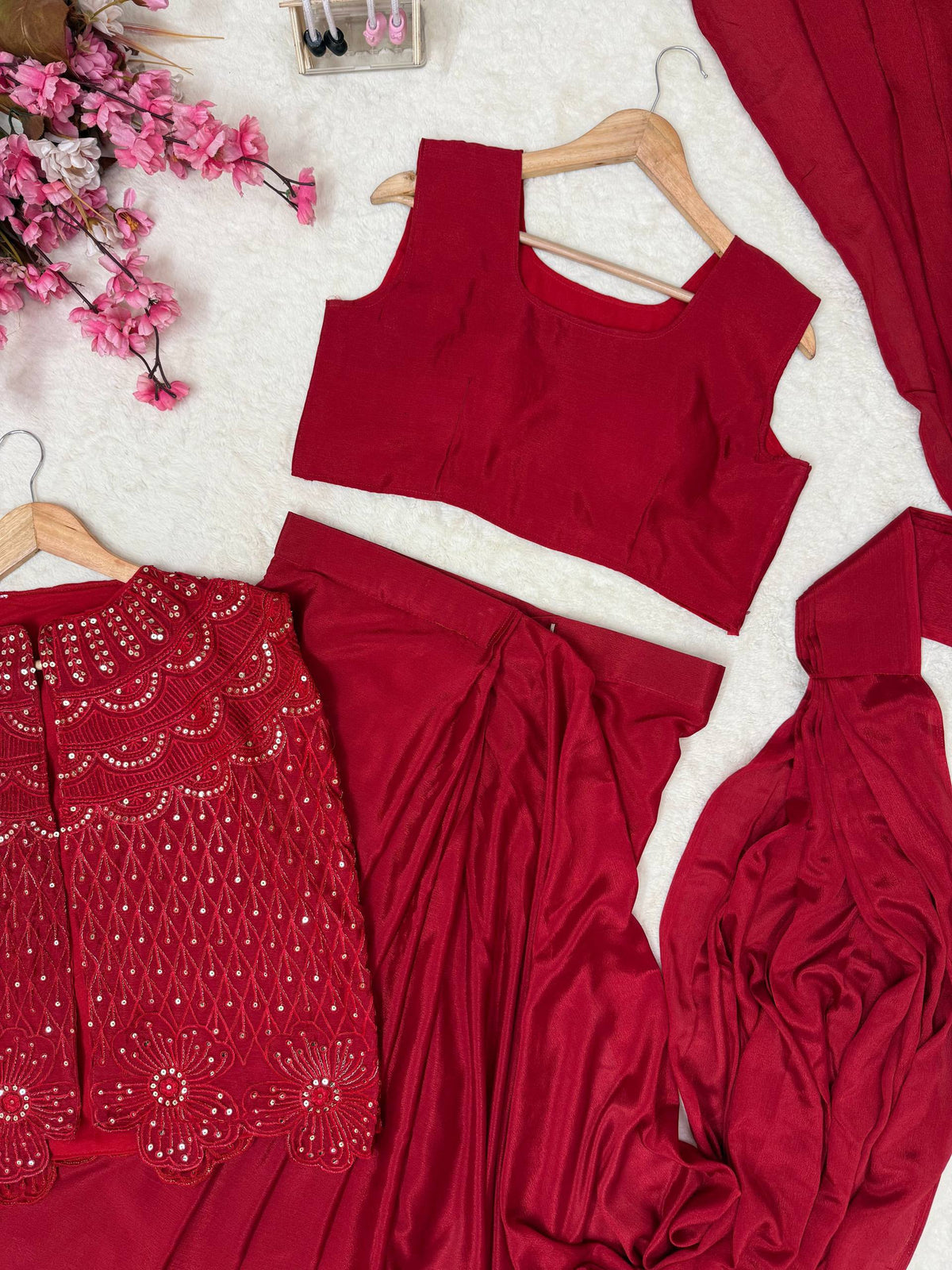 Chinon Silk Ready-to-Wear Saree with Embroidered Jacket & Blouse