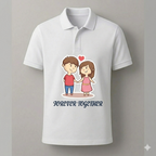 White polo shirt with cartoon couple and 'Forever Together' text on a gray background
