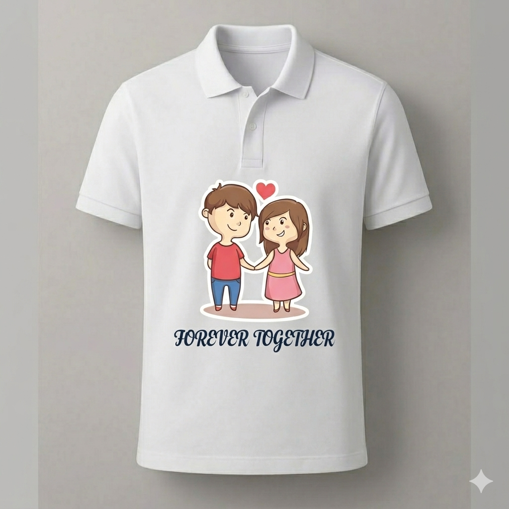 White polo shirt with cartoon couple and 'Forever Together' text on a gray background