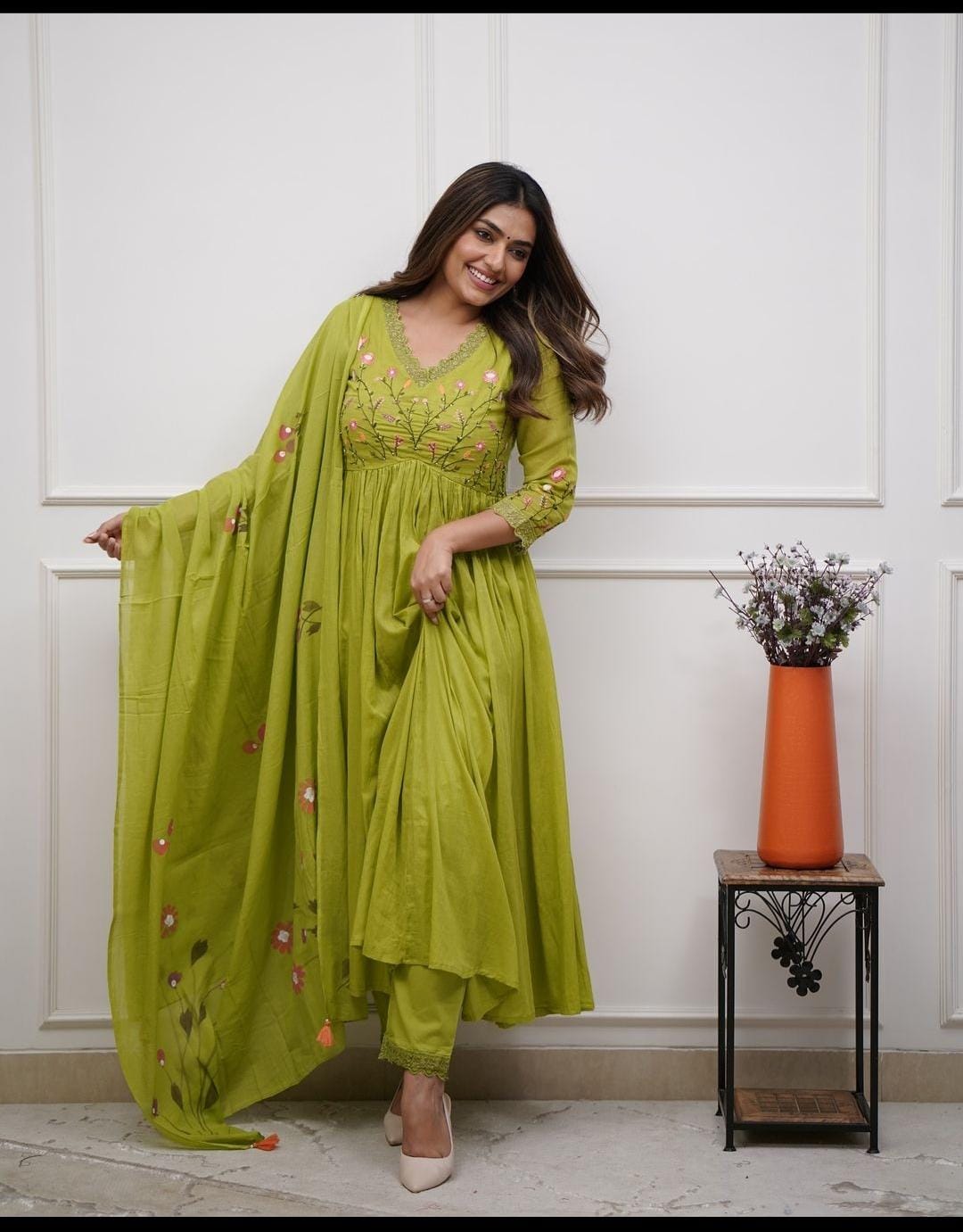 Embroidered Cotton Kurta Pant Set with Printed Cotton Malmal Dupatta