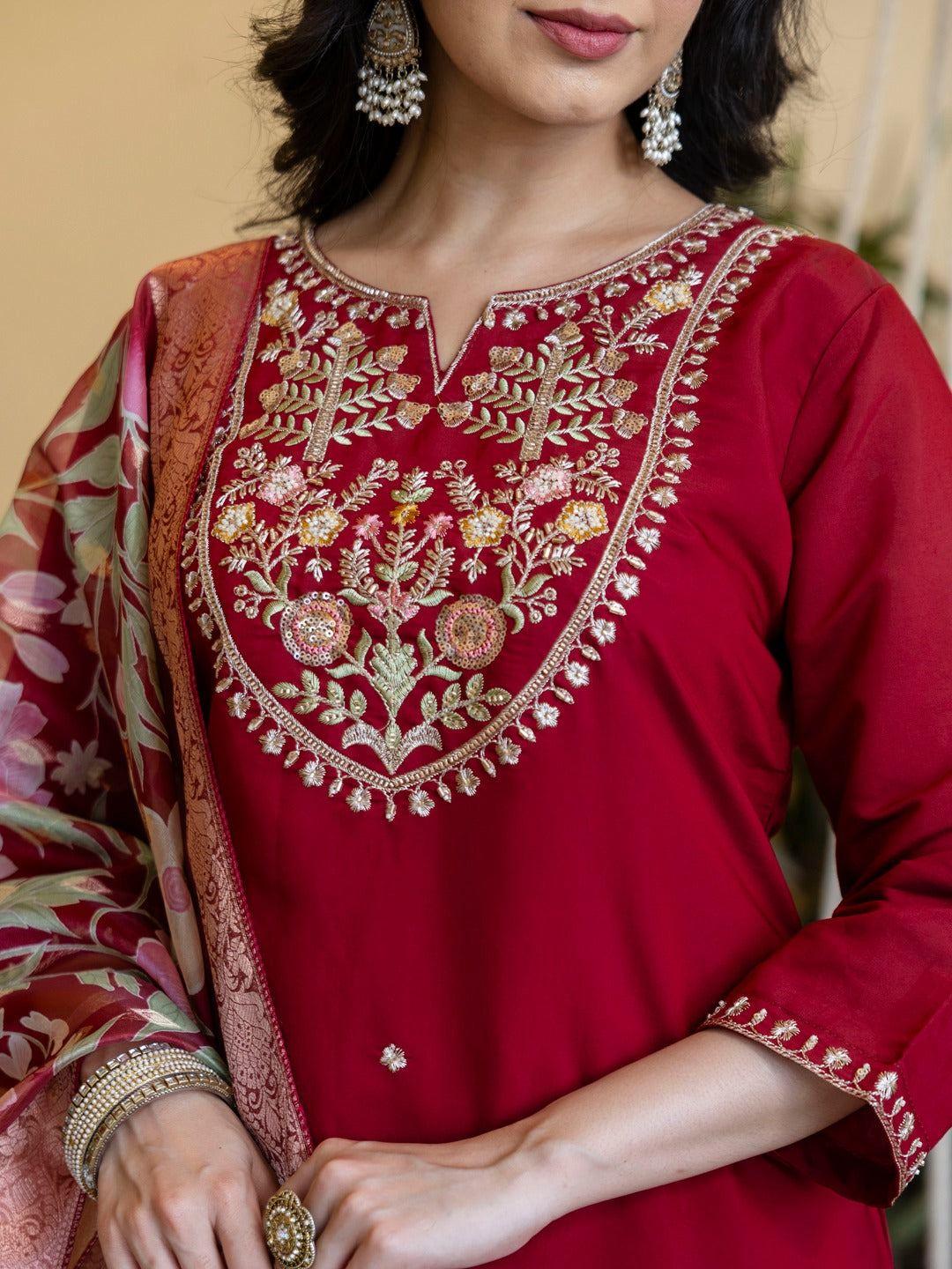Embroidered Roman Silk Kurta Pant Set with Organza Dupatta