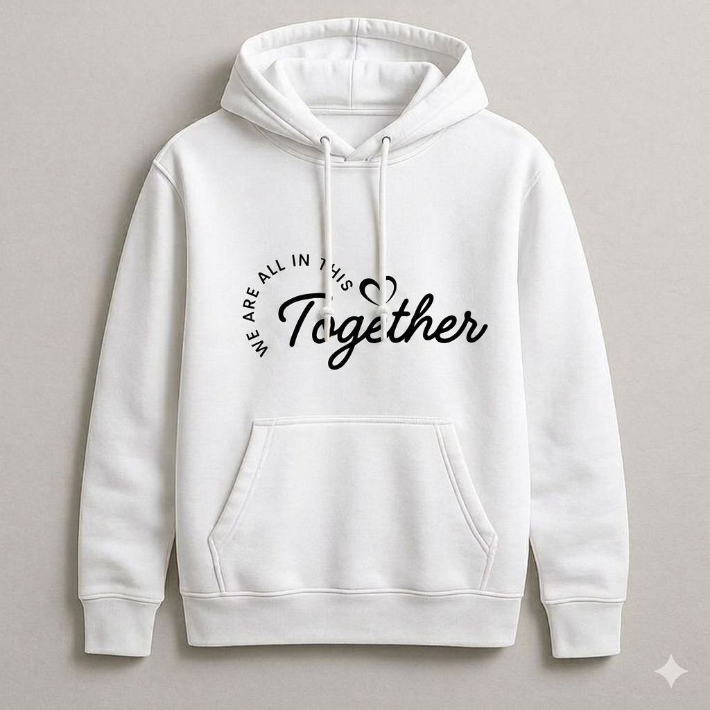 White hoodie with 'Together' text on a gray background