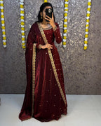 Designer Sequence Embroidered Fendi Silk Gown with Dupatta