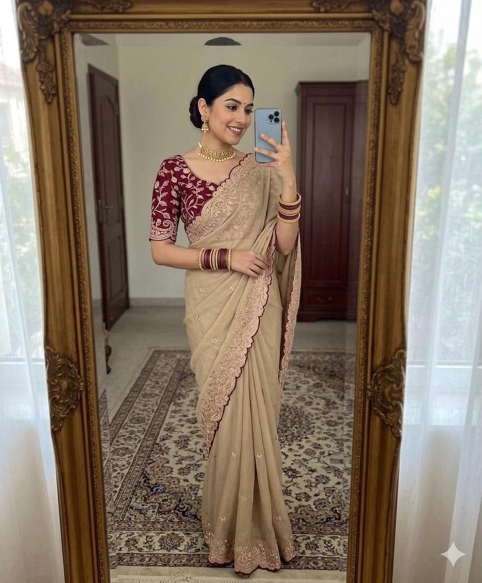 Designer Star Georgette Embroidered Saree with Contrast Blouse