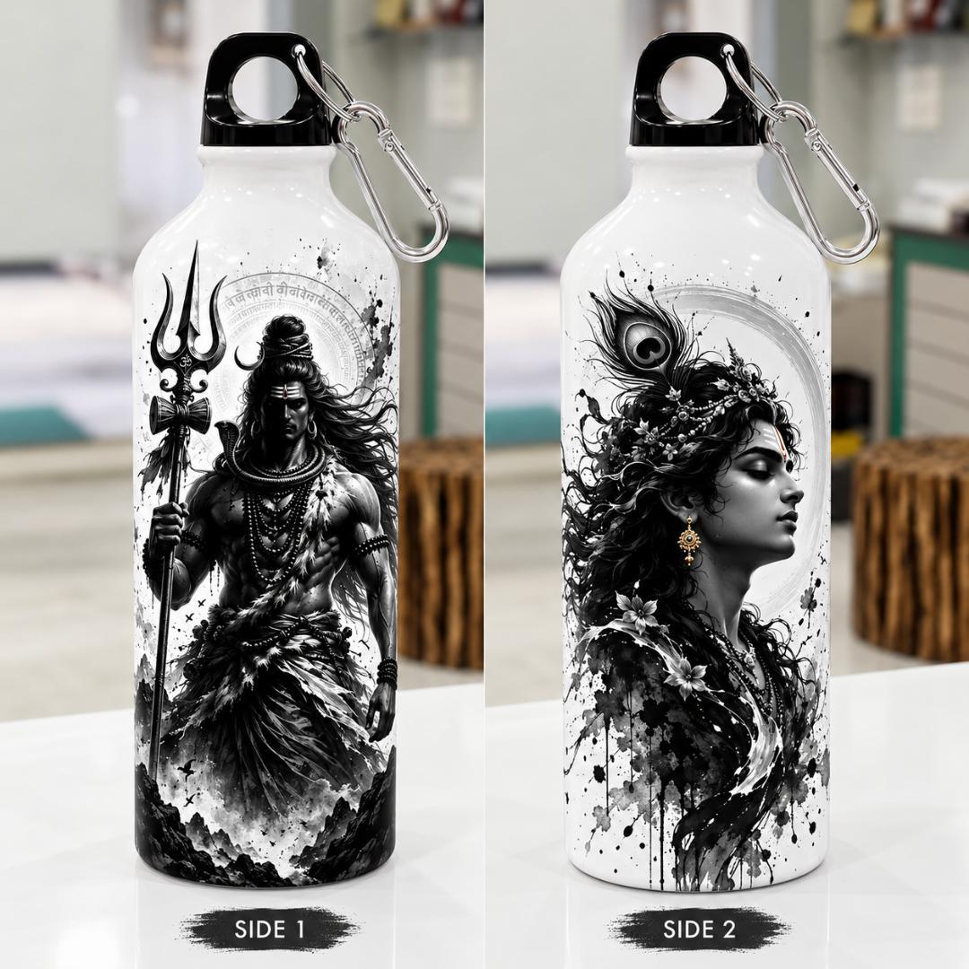 A white water bottle shown from two sides, labeled SIDE 1 and SIDE 2, with black printed artwork. Side 1 features a dark figure holding a trident, and Side 2 features a black-and-white portrait with a peacock feather detail.