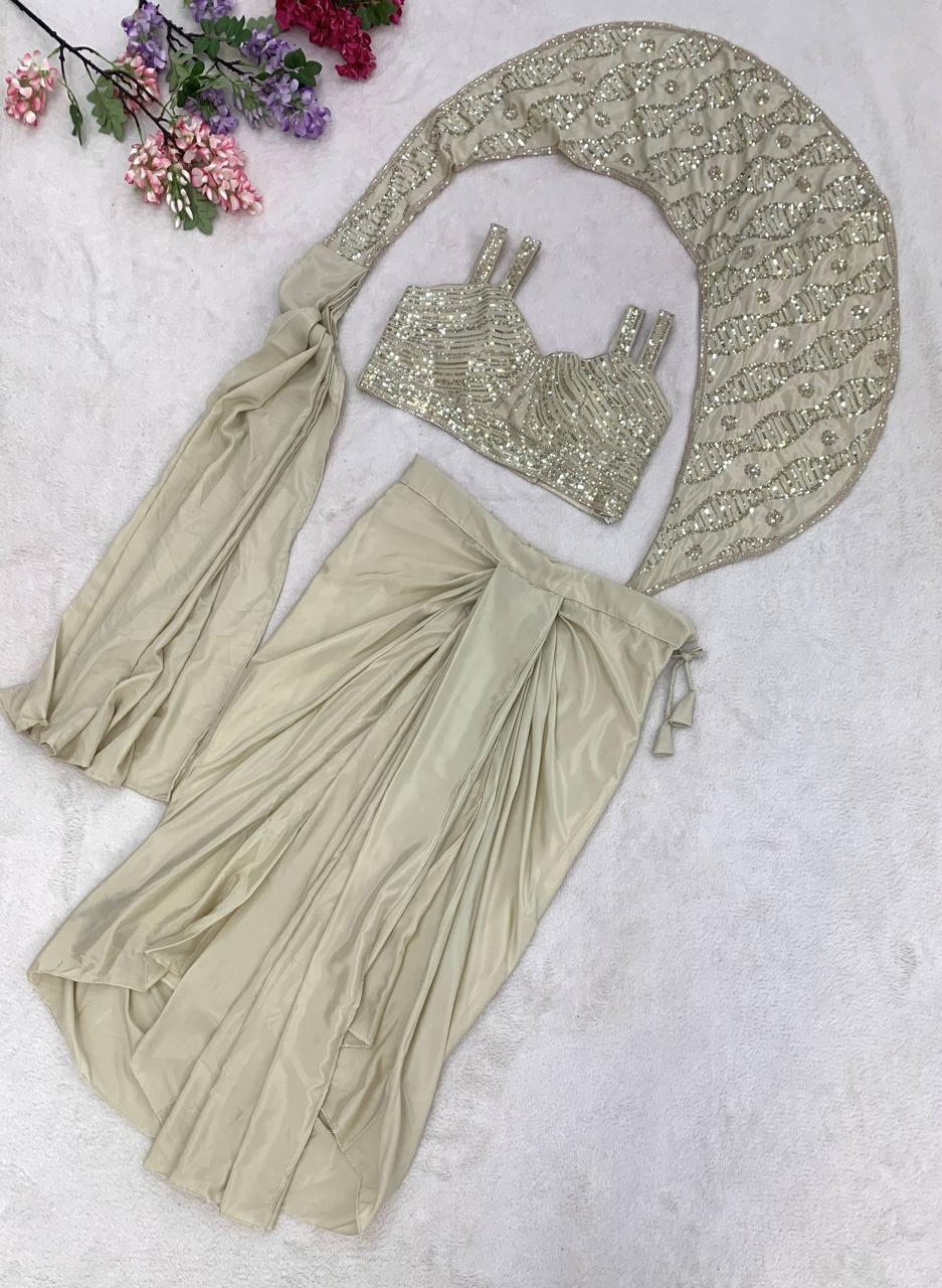 Crep Silk Embroidered Sequins Ready-to-Wear Saree with Stitched Blouse
