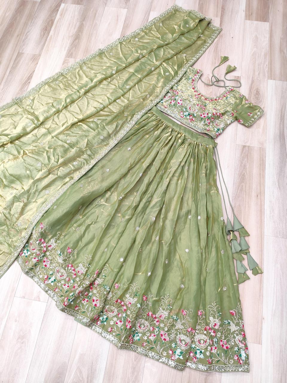 Multi Thread Embroidered Fendi Silk Lehenga Choli Set