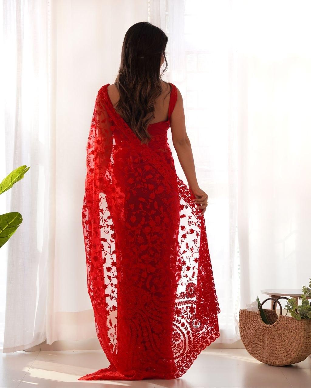 Heavy Butterfly Net Saree with Tone-to-Tone Aari & Stone Work