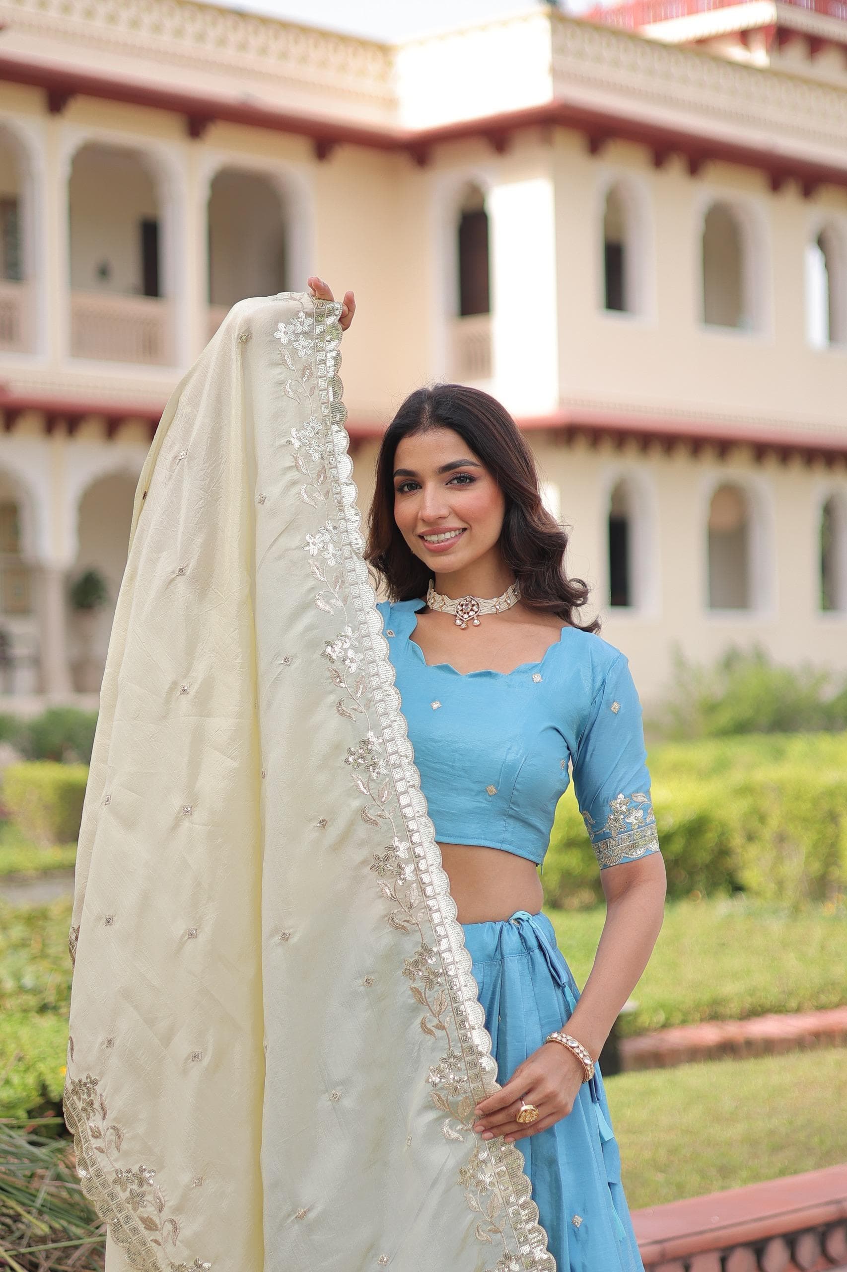 Sequins Embroidered Gold Crush Lehenga Choli Set with Dupatta