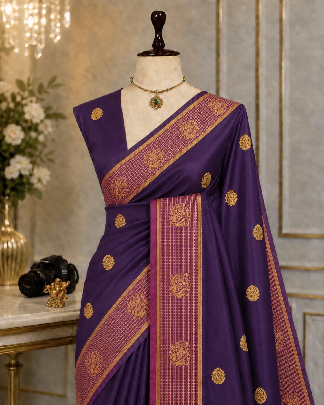 Fusion Korvai Soft Silk Saree with Golden Zari Buttas & Contrast Border