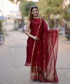 Sleeveless A-Line Cotton Kurti Palazzo Set with Linen Dupatta