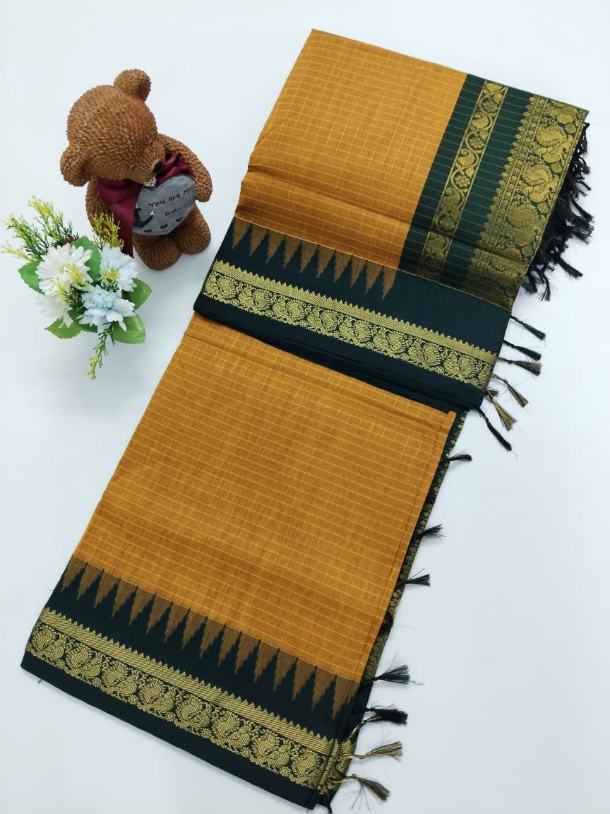 Checked Cotton Saree with Zari Pallu & Contrast Blouse