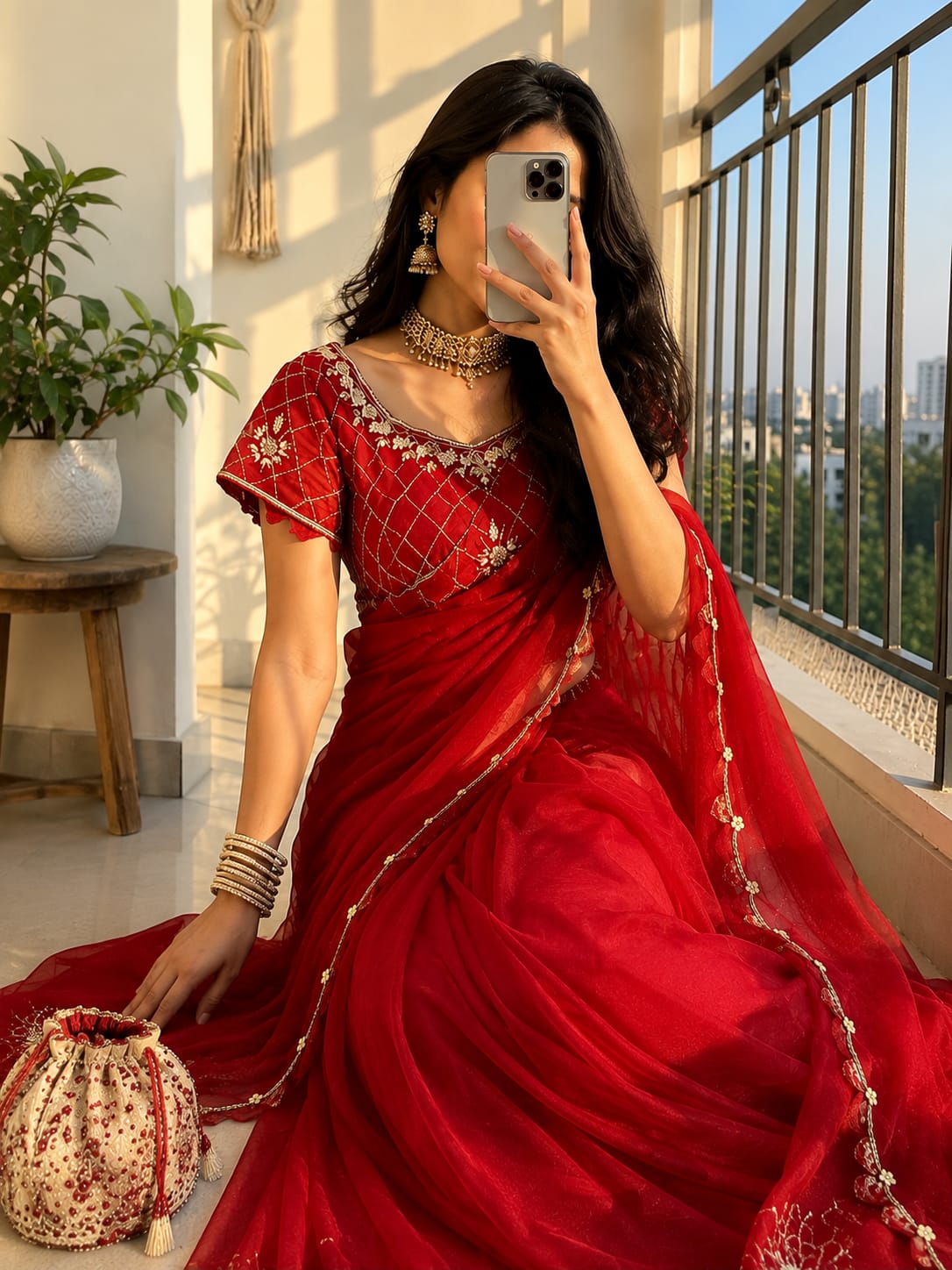 Crunchy Silk Khatli Work Saree with Handwork Blouse