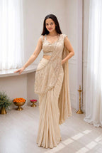 Crep Silk Embroidered Sequins Ready-to-Wear Saree with Stitched Blouse