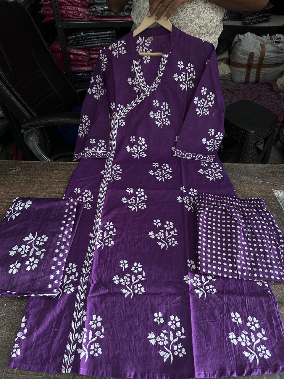 Heavy Cotton Khata Work Kurti Pant Dupatta Set