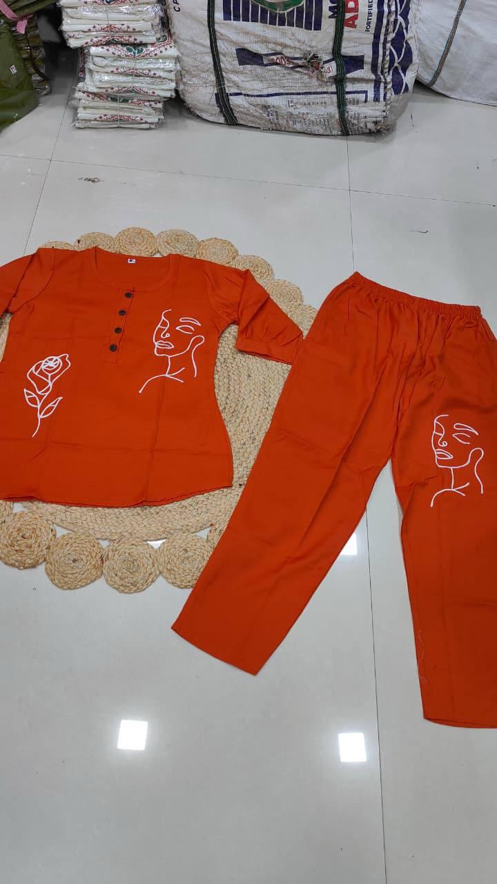 Rayon Slub Embroidered Top & Pant Co-Ord Set