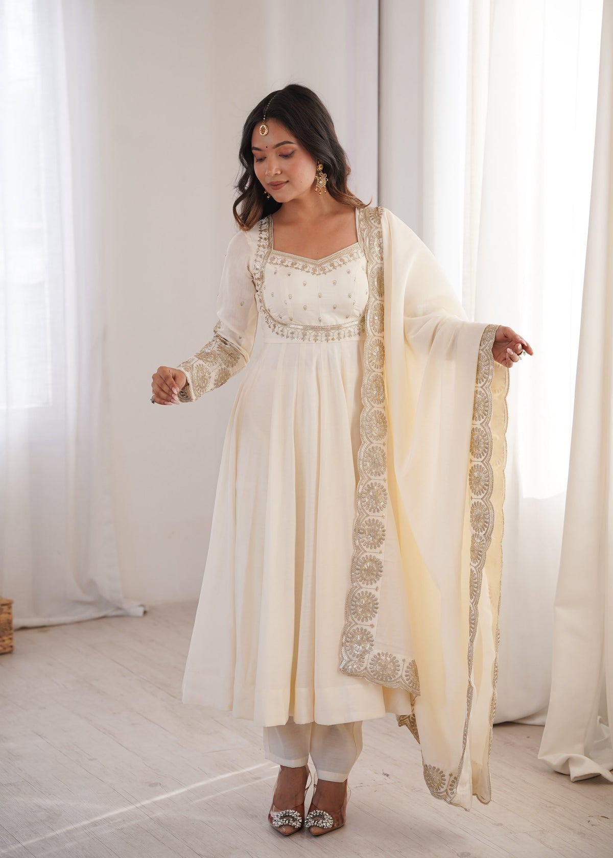 Roman Silk Embroidered Anarkali Gown Set with Chanderi Dupatta