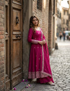 Embroidered Chinon Silk Gown Pant Set with Dupatta