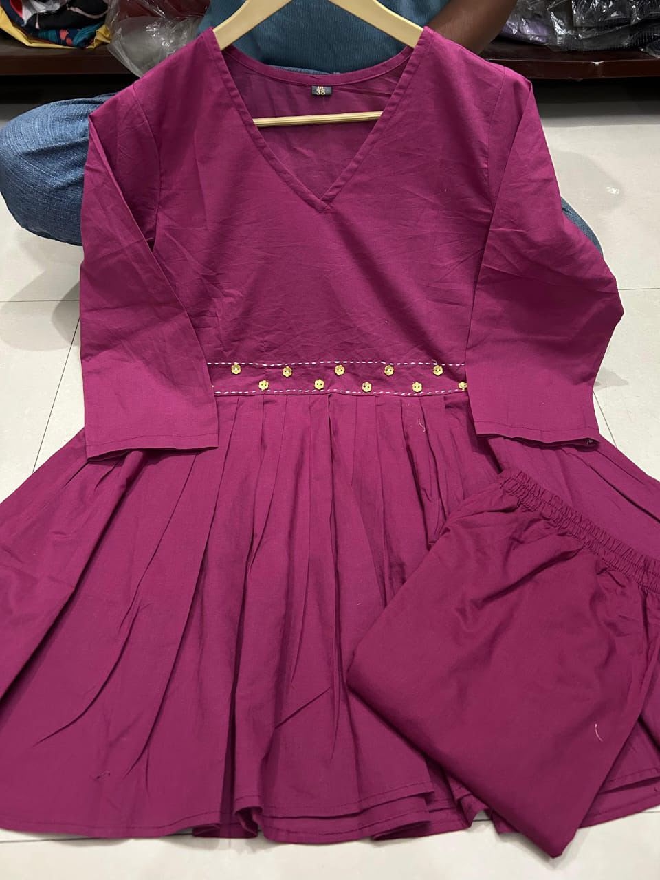 Cotton Flared Kurta Pant Set with Hand Embroidery