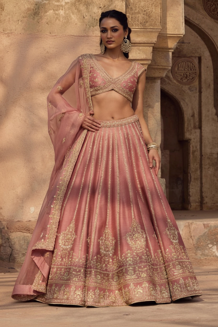 A woman models a pink and gold embroidered Indian ethnic lehenga choli suit in front of a stone archway. The outfit features a dusty pink skirt with intricate gold embroidery, a matching pink blouse with gold detailing, and a sheer pink dupatta draped over her arm.