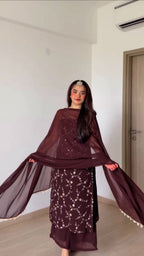 Embroidered Georgette Kurti Pant Set with Dupatta