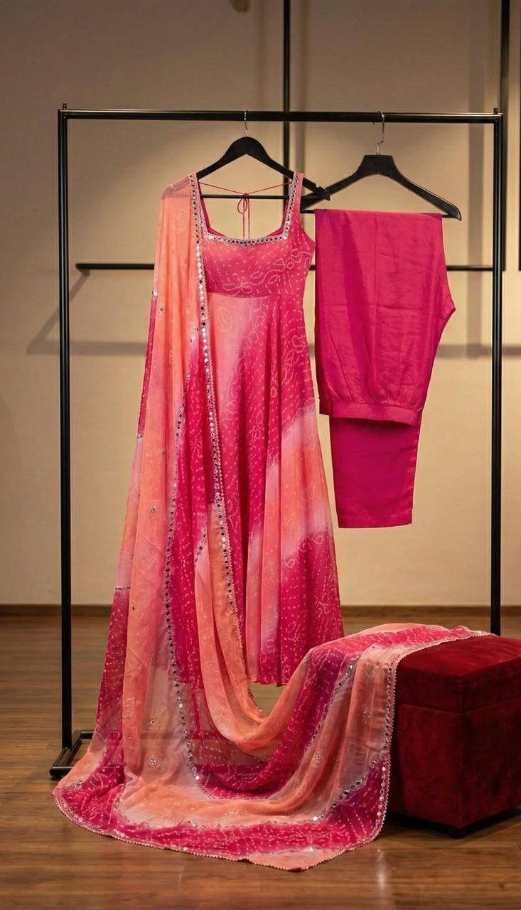 Digital Print Fox Georgette Anarkali Suit Set with Dupatta & Palazzo