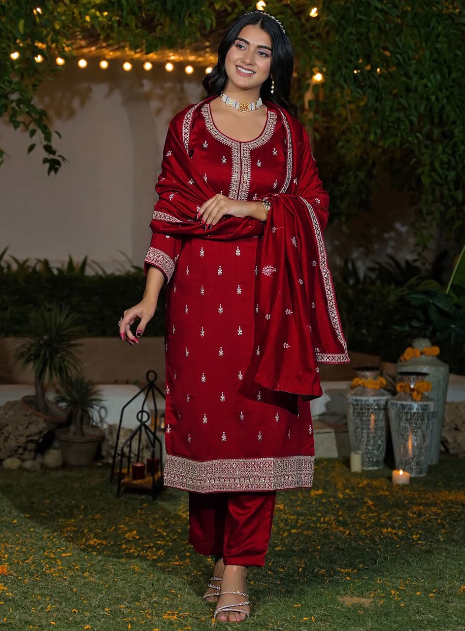 Embroidered Vichitra Silk Kurti Pant Set with Dupatta