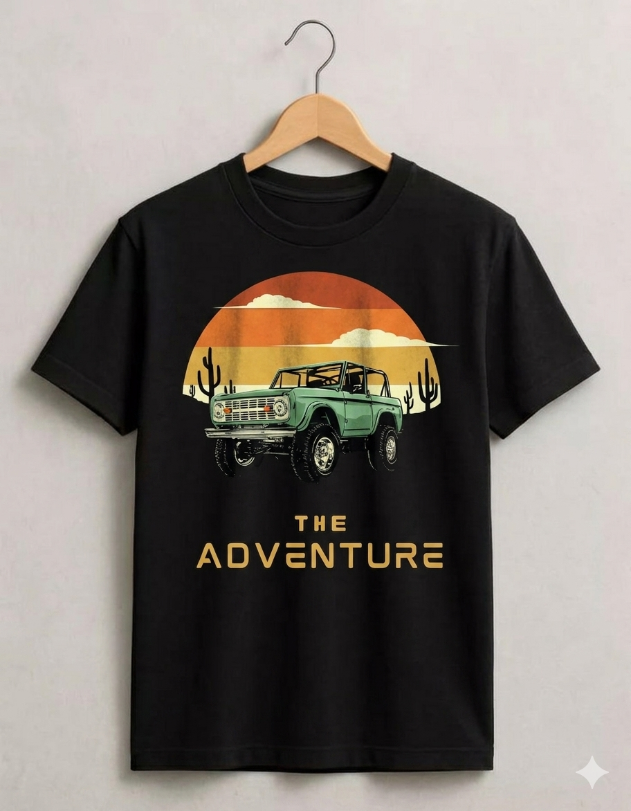 Black t-shirt with a graphic of a vintage truck and sunset design, hanging on a wooden hanger against a light gray background.