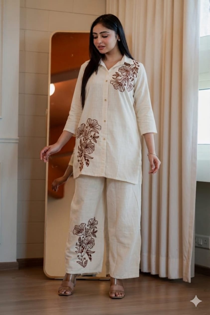 Cotton Slub Embroidered Kurti Pant Set with Pockets