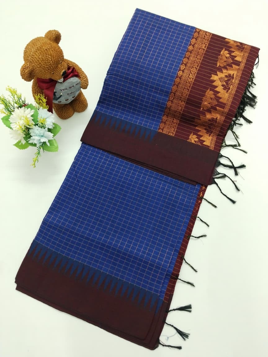 Checked Cotton Saree with Zari Pallu and Contrast Blouse
