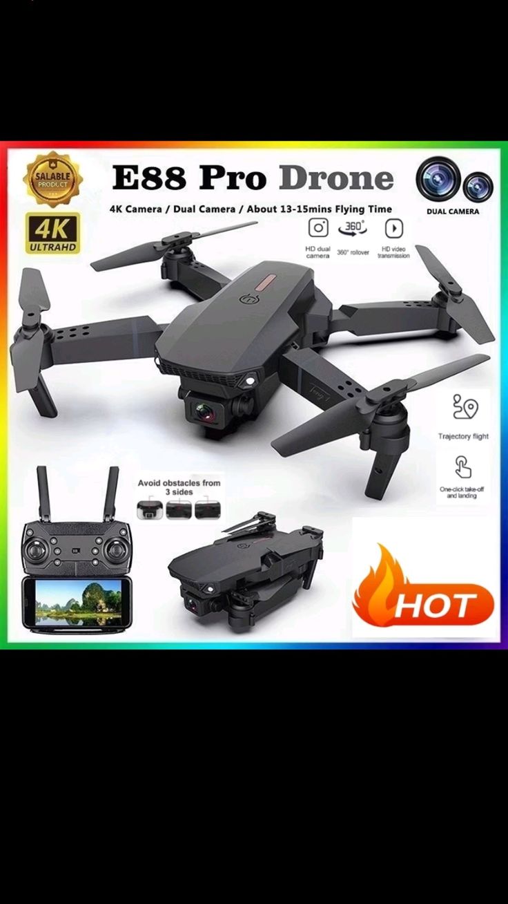 E88 Pro Drone promotional graphic showing the black quadcopter drone, a handheld remote controller with screen, battery, and accessories on a white background with feature icons and text.